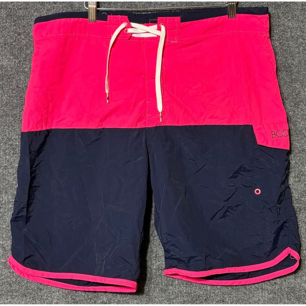 Body Glove Mens XL/36 Lined Swim Trunks Pink Navy‎ Colorblock Lace Up Pocket